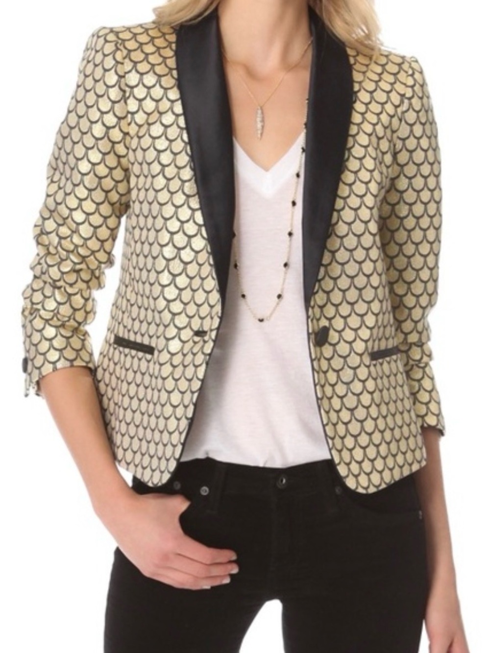 Juicy Couture Palladium Brocade Metallic Gold Blazer Size 0 EUC